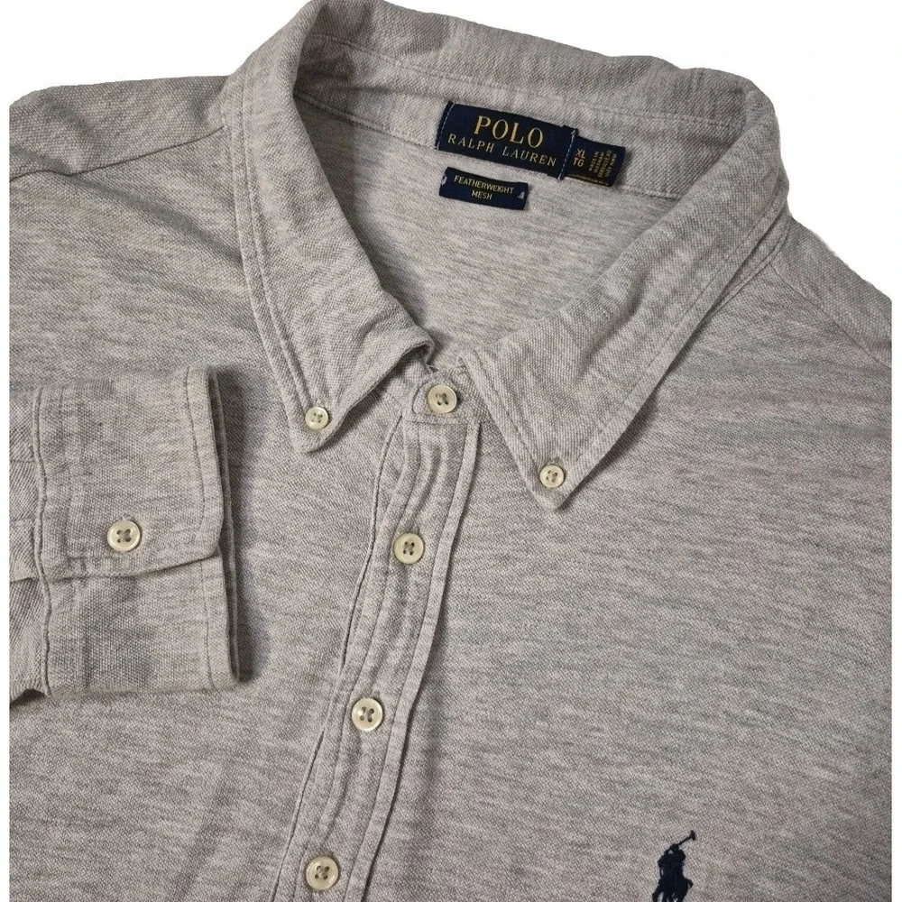 Polo Ralph Lauren Featherweight Mesh Polo Shirt Mens XL Gray‎ Long Sleeve Pony